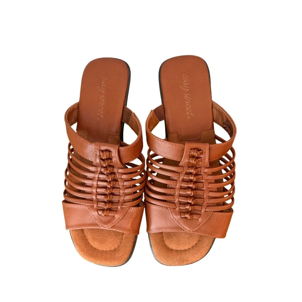 Easy Street Tan Brown Strappy Cage Slide Wedge Sandals Women's - 7WW